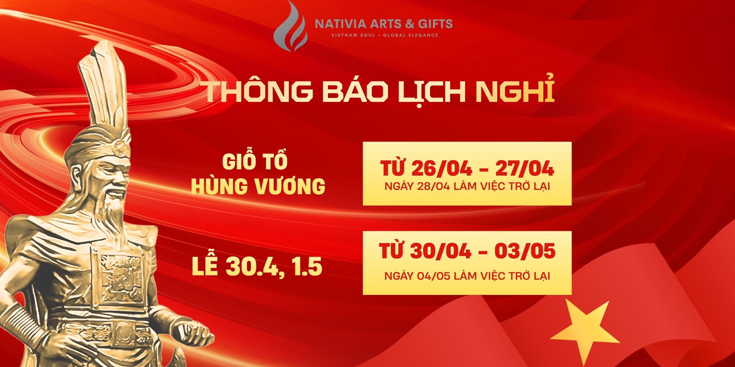Thông Báo Lịch nghỉ lễ Giỗ Tổ Hùng Vương, 30/4 – 1/5 2026- Nativia
