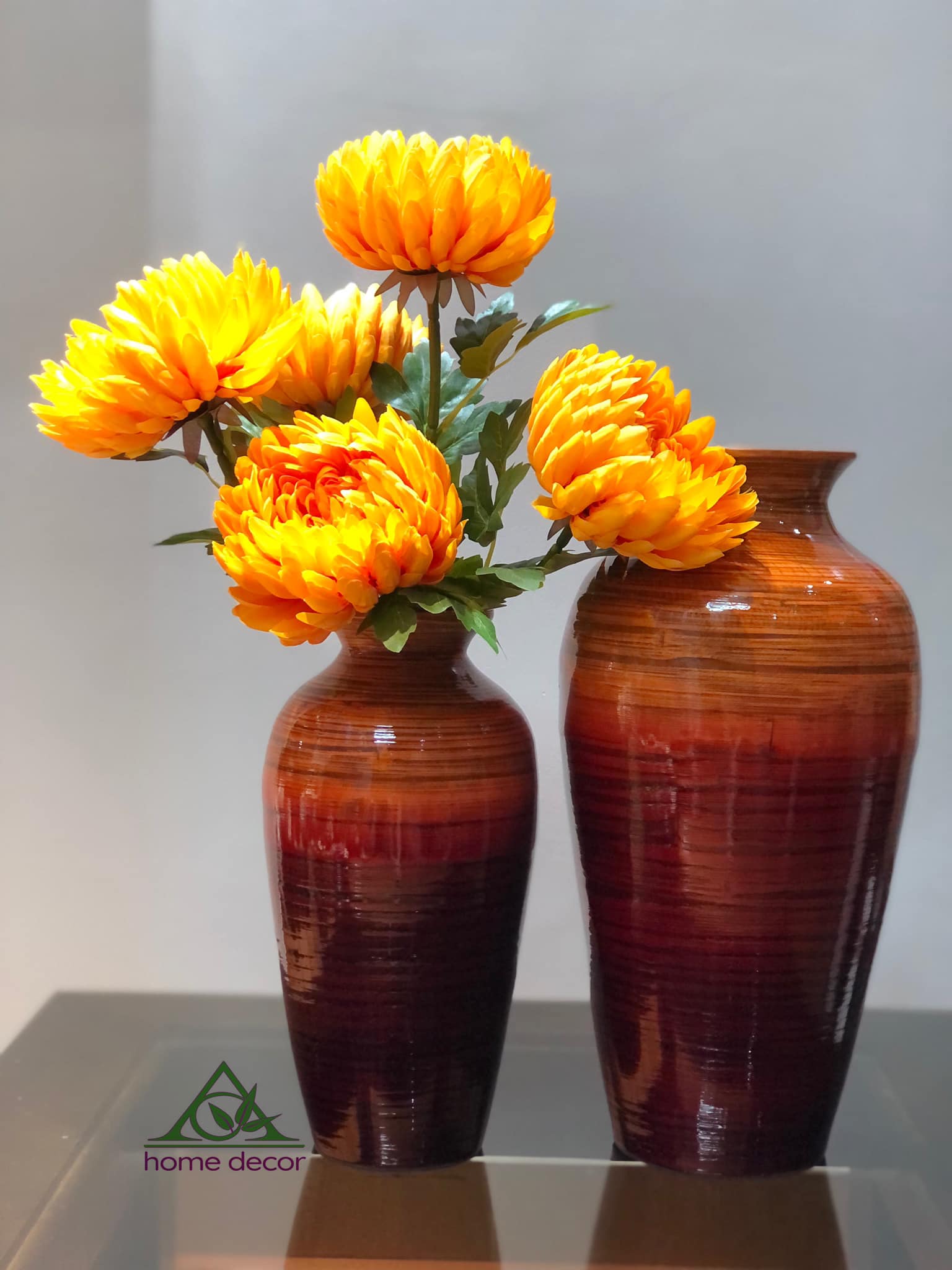 Bộ bình tre cuốn mạch đen lộ vân màu cam đỏ