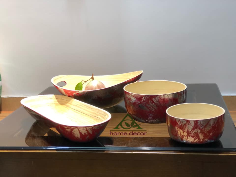 Bộ khay, bát tre cuốn bịt vân đỏ bạc